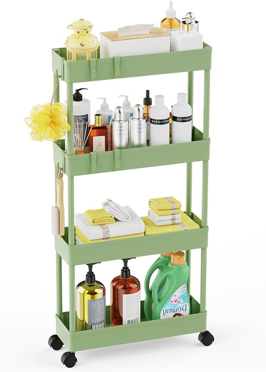 LEHOM 5.1" Slim Storage Cart - 4 Tiers Bathroom Organizer Rolling Utility | Mobile Shelving Unit Storage Rolling Utility Cart Slide Out Organizer for Kitchen Bathroom Laundry Narrow Places, Green