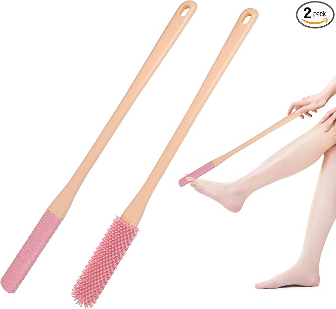 OWIIZI Toe Cleaning Brush 15.7" Foot Scrubber in Shower with Long Handle Silicone Foot Brush Soft Skin Exfoliation Lotion Applicator for Foot Seniors,Elderly, Men and Women 2Pack