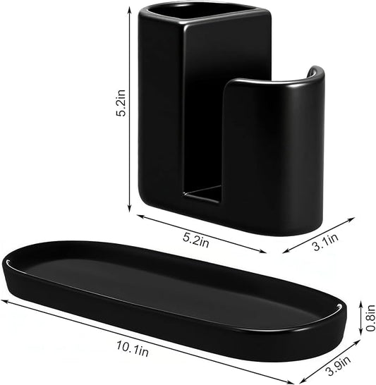 Geelin 3 in 1 Ceramic Kitchen Sink Caddy Dish Sponge Holder Scrub Brush Holder and Soap Tray for Kitchen Organizer Rustic Farmhouse Supplies(Black)
