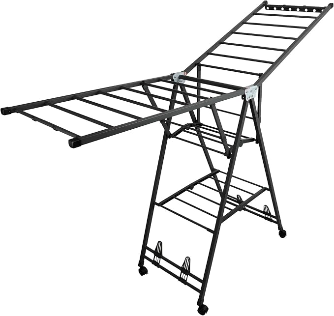 Clothes Rack, 3-Tier Drying Hanger, for 30 Pieces+, Foldable and Space Saving, Portable, Indoor or Outdoor Use, Solid Metal Clotheshorse, Nice for Mum, Gray(1.7 m Wing Length)