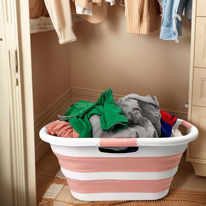 SAMMART 40L (10.5 gallon) Collapsible Plastic Laundry Hamper - Foldable Pop Up Storage Container/Organizer - Portable Washing Tub - Space Saving Basket (1, White/Quartz Pink)