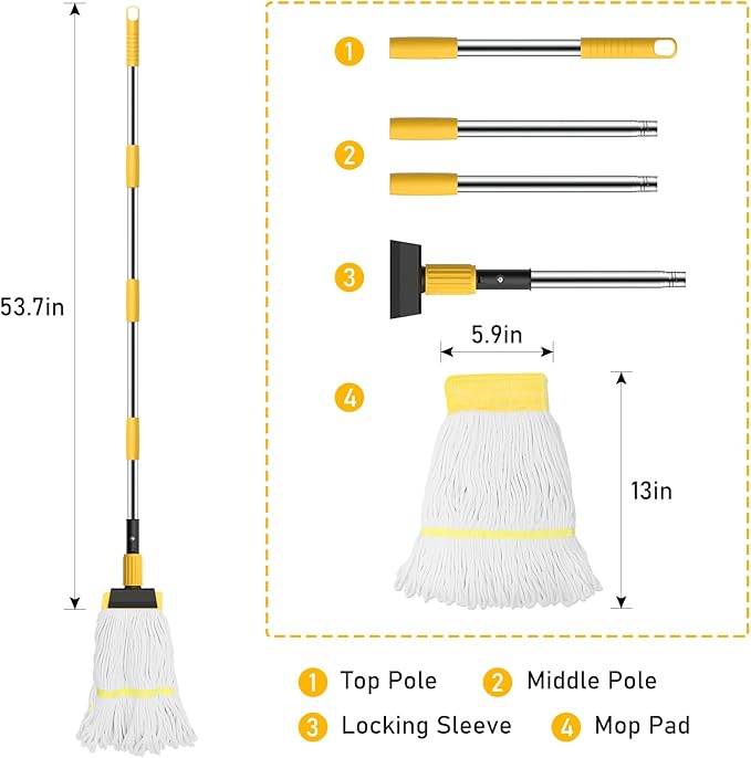 Heavy Duty String Wet Mop for Floor Cleaning, Commercial Industrial Cotton Mops with Stainless Steel Long Handle for Home, Kitchen, Bathroom, Garage