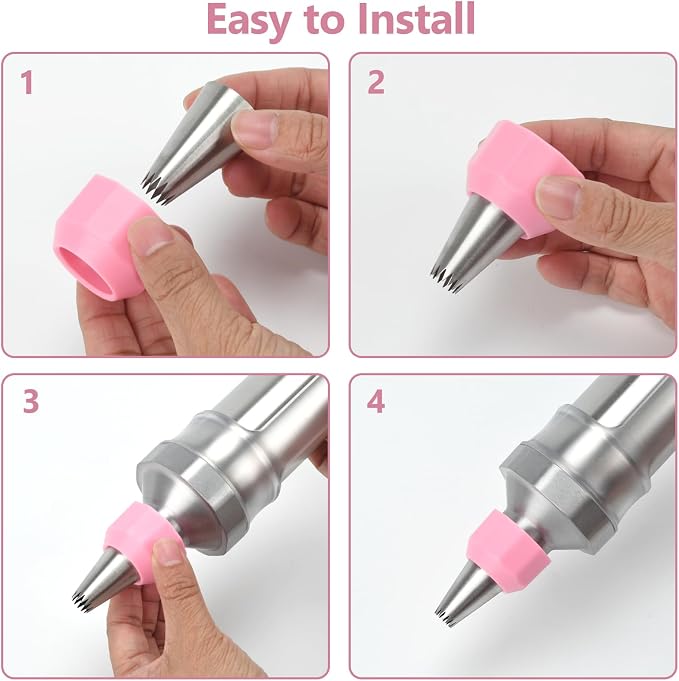 Dessert Decorating Syringe Set, Stainless Steel Frosting Piping Kit with 2 Tip Couplers & 6 Decorating Piping Tips Icing Piping Kit Cupcake Decorating Kit Cake Decorating Tools (Pink)