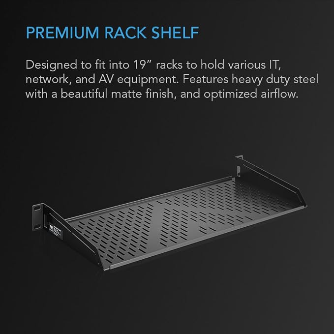 AC Infinity Vented Cantilever 1U Universal Rack Shelf, 8" Deep, for 19" Equipment Racks. Heavy-Duty 2.4mm Cold Rolled Steel, 50lbs Capacity