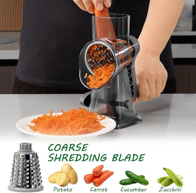 Cheese Grater Hand Crank Rotary Vegetables Shredder with Handle | 3-in-1 Graters, Interchangeable Blades, Non-slip Base, Multifunctional Slicer