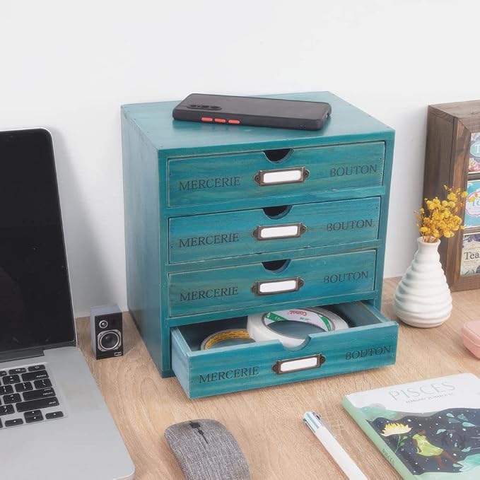 Small Wooden Drawers Wooden Box with Drawer Blue | 4 Drawer Storage Box for Apothecary Cabinet, Apothecary Drawers，Desktop Organizer with Metal Handles for Office，Home