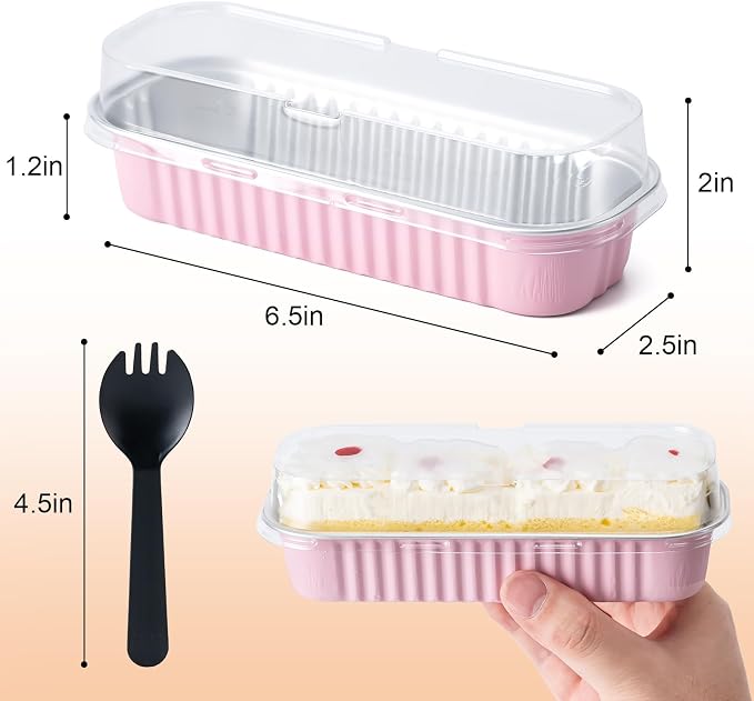Husfunov 25 Pack Mini Cake Pans with Lids and Spoons, Small Aluminum Foil Loaf Pans, Rectangular Baking Containers for Party and Picnics, 6.8oz (Pink)