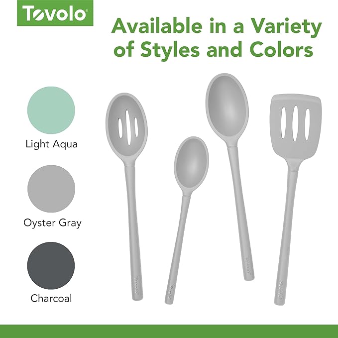 Tovolo Flex Core Silicone Slotted Deep Spoon for Cooking Mixing Baking, Dishwasher Safe BPA Free All Silicone Kitchen Spoon Utensil Heat Resistant Nonstick Safe Slotted Serving Spoon, Oyster Gray