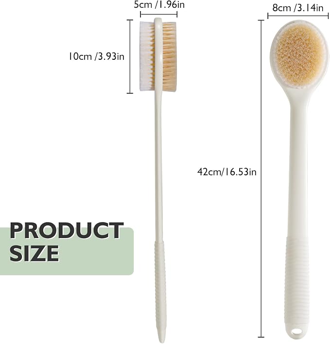 VANZAVANZU Back Scrubber for Shower, 17 Inch Long Handle Back Brush, Dual-Sided Bath Brush, Anti-Slip Handle Shower Brush for Wet or Dry Brushing (Cream White)