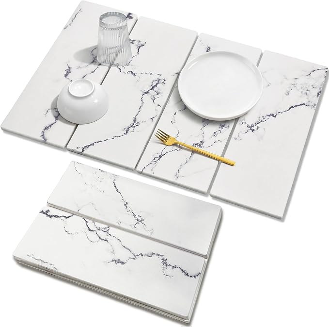 Large Stone Drying Mat for Kitchen Counter, 24"x16" Collapsible Quick Dry Dish Drying Mat, Water-Absorbent Marble Diatomaceous Earth Mats for Bottles Cups Dishes, Match Any Countertop