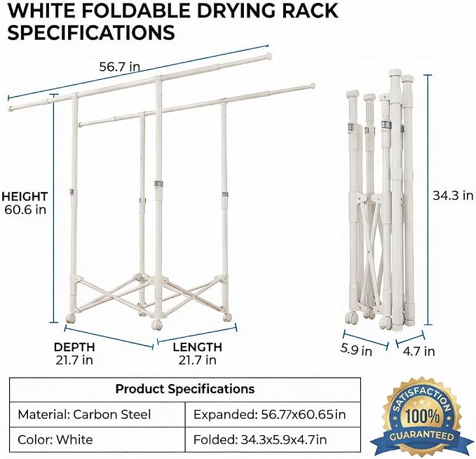 Clothes Drying Rack, Double Rod Extendable 33.1–56.7 Inches, No Assembly & Foldable Clothing Rack for Hanging Clothes with Wheels, for Indoor Outdoor Laundry Room Organization, White
