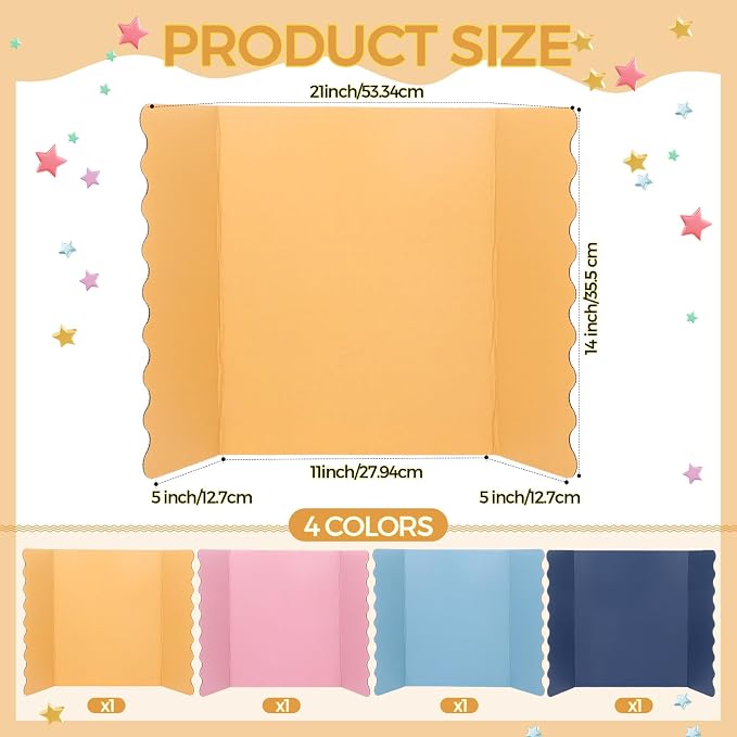 Mooliwe 4 Pack 21" x 14" Trifold Poster Board, Mini Foldable Corrugated Presentation Display Board with Scalloped Border for Science Fair Events, School Projects, Back to School Supplies