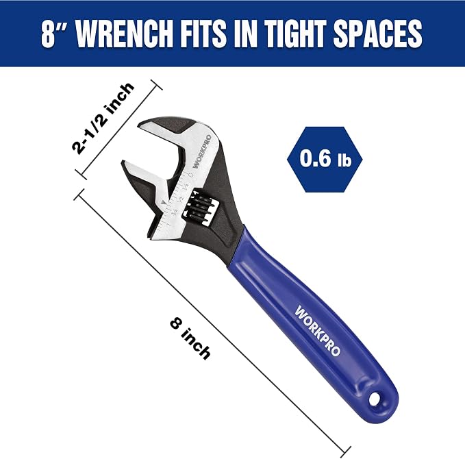 WORKPRO 8-Inch Adjustable Wrench, Cr-V Steel Wide Jaw Black Oxide Wrench | Metric & SAE Scales,Ideal for Home Repairs, Garage, Workshop and DIY Applications