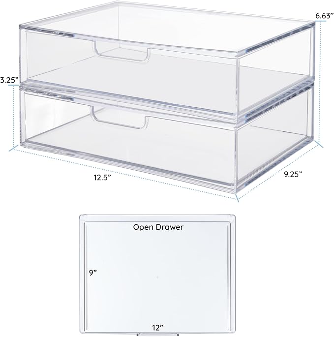 STORi STAX Plastic Stackable Organizer Drawers (Set of 2) Clear | 12.5" Wide | Set Includes Two Open Drawer | Organize Office Desk Accessories & Sort Paper | Made in USA