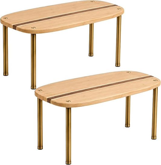 Ibyx Cabinet Organizer Set of 2 - Kitchen Pantry Organizers and Storage with Bamboo Top & Brass-Effect Metal Legs - for Kitchen Counter & Stackable Shelves for Cabinets with 22 lb Capacity - Natural