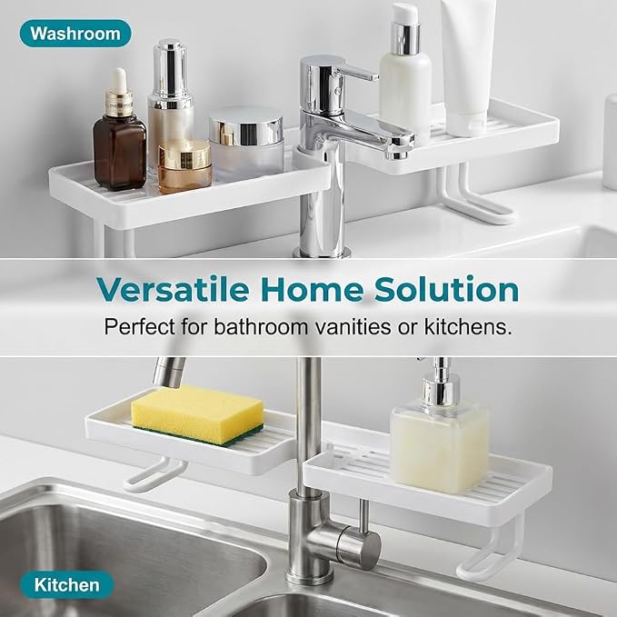 2026 New No-Drill Kitchen Sink Sponge Holder, Over-Faucet Storage Shelf with Drain Rack Organizer (Black+White)