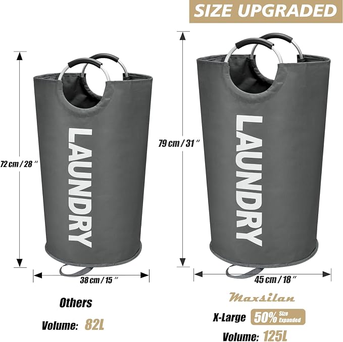 Maxsilan 125L X-Large Laundry Basket Bag, Collapsible Tall Hamper, Dark Grey