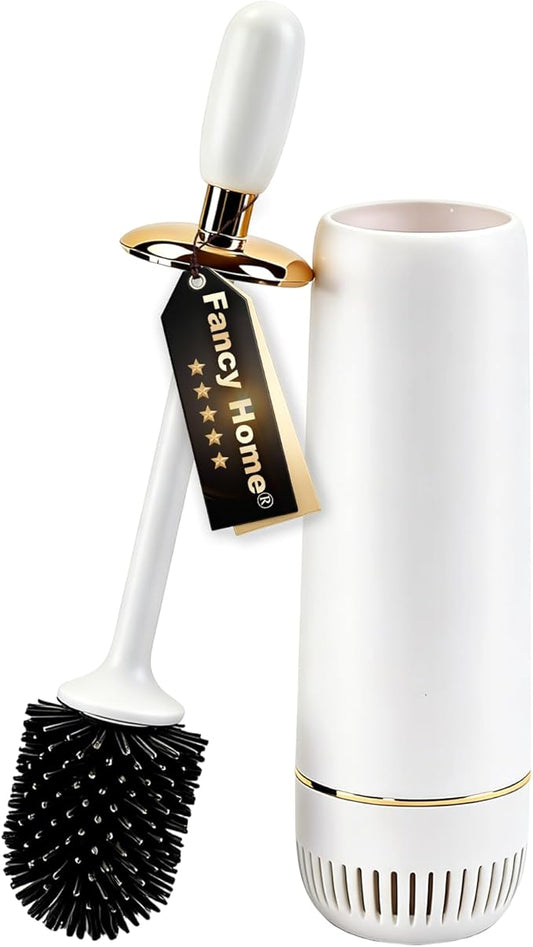 Toilet Bowl Brush and Holder Set, Plunger and Brush Set with Long Handle, High-End Modern Silicone Toilet Brush Set, Non-Scratch Hygienic, Odor-Free Design (Matte White + Gold, B)