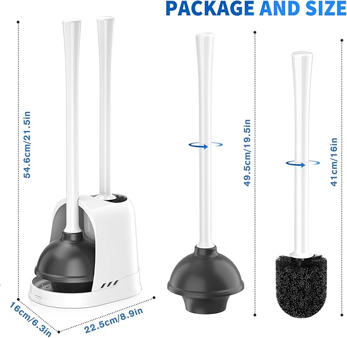 LOVLOY Toilet Plunger and Brush, Bowl Brush and Heavy Duty Toilet Plunger Set with Ventilated Holder, 2-in-1 Toilet Brush and Plunger Combo for 5.3-inch Toilet Drain Bathroom Cleaning (White)