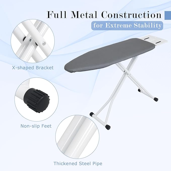 Ironing Board 48×13 Inch, 7-Level Height Adjustable, T-Steel Frame, Foldable, Heat Resistant Removable Cover, Grey