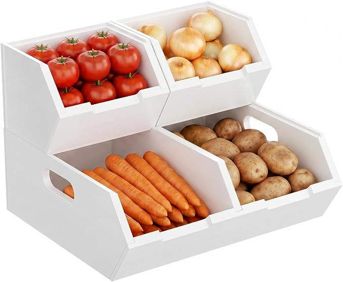Bamboo Pantry Storage Bins, Potato and Onion Storage Bins for Countertop | Open Front Storage Bins, Large Capacity, Stackable Design, Cut-out Handles, FSC-certified Bamboo, No Assembly, White