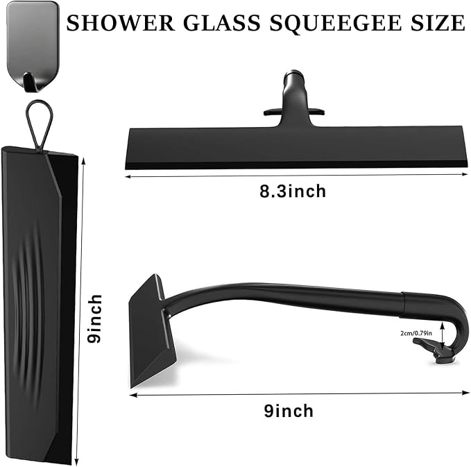 Shower Squeegee for Glass Doors, Bathroom Squeegee Set of 2 (Size 8.3"+9") | Hang Anywhere Silicone Shower Squeegee with Hook Design for Glass, Tile Wall, Mirror, Window, Streak-Free Cleaner Tool,Black