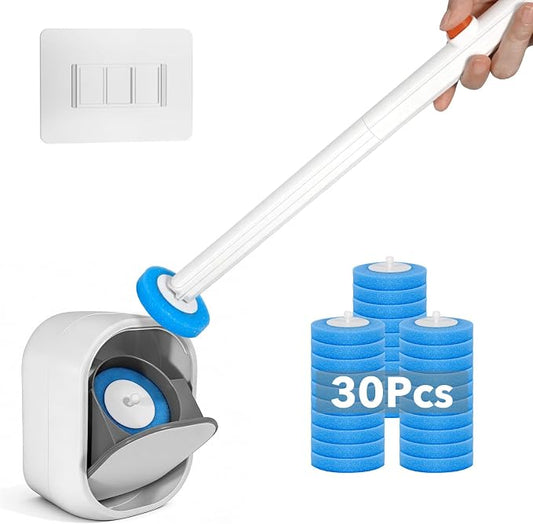 Disposable Toilet Brush & Wand Starter Kit, Wall-Mounted Auto-Closing Caddy with 30 Refills, Deep Cleaning System with Pre-Loaded Scrubber for Rust & Hard Water, Mess-Free Modern Design