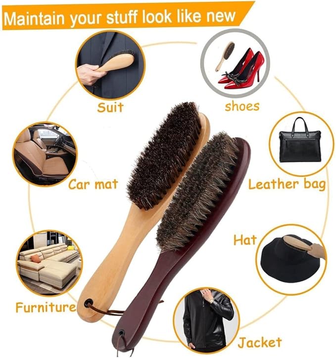 Clothes Brush Garment Brush Lint Remover Brush with Genuine Soft Horsehair and Wooden Handle for Coat Men Suits Shoes Jacket Furniture Car Mat and Pet Hair 1-Pack Home Accessories