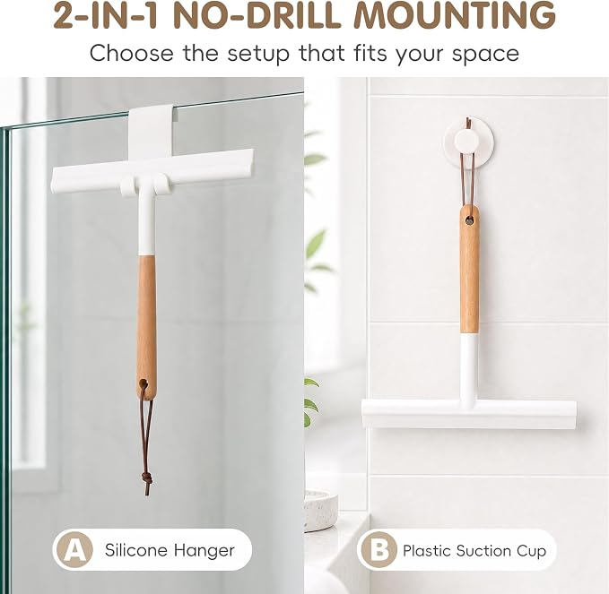 NUOBESTY Shower Squeegee for Glass Doors, Wood Handle White Silicone Wiper | 10" Streak-Free Blade with an Aesthetic Natural Grip. Includes Suction Cup & Over-Door Hook for Bathroom Mirrors & Tiles