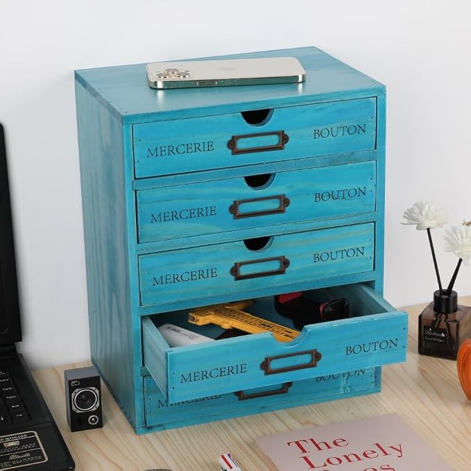Wooden Storage Box with 5 Drawers Apothecary Drawers Vintage Wooden Drawers Wood Desktop Organizer with Drawer Library Card Catalog Cabinet Apothecary Cabinet （BLUE）