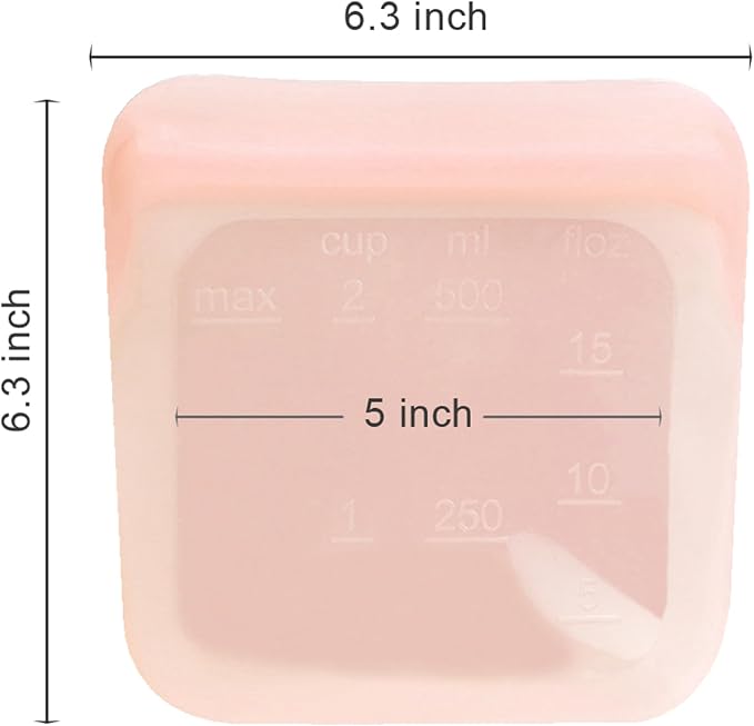 purifyou Set of 5 Reusable Silicone Storage Snack Bags 6oz / 16oz / 32oz / 64oz Self-Seal Food Storage Container for Fruits, Vegetables, Sandwiches, Dishwasher Safe & Leak-free (CloudPink, 16oz)