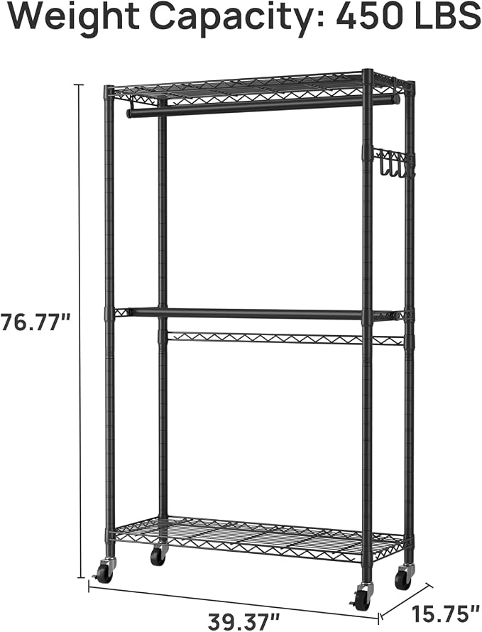 Golpart Heavy Duty Rolling Clothes Rack Wheels Portable Metal Garment Rack | Wardrobe Adjustable Wire Shelving Metal Double Clothing Racks for Hanging Clothes Organizer Closet Laundry Room Organization