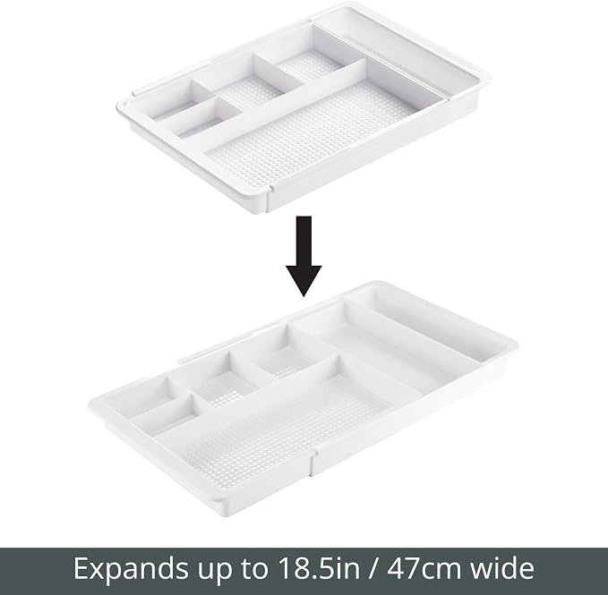 mDesign Expandable Plastic Drawer Organizer and Storage Container for Office Supplies - Gel Pen Pencil, Marker, Stationary, Desk Supply Holder for Drawers and Desktop - Lumiere Collection - White