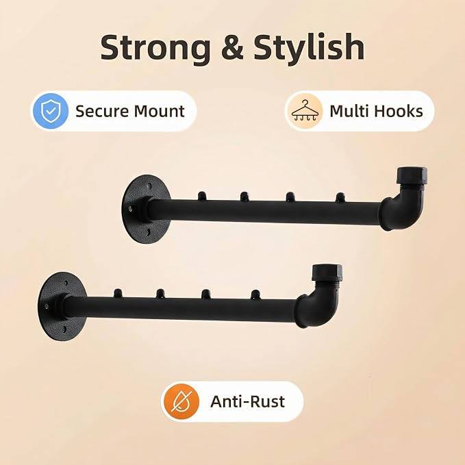 Industrial Wall Pipe Clothes Bar, Hanging Clothing Rack, Garment Rack | Heavy Duty Metal Coat Hanger with Hook, Clothing Hanging Rod/Rail/Organizer for Closet Home Bedroom Retailer Laundry, 2Pcs