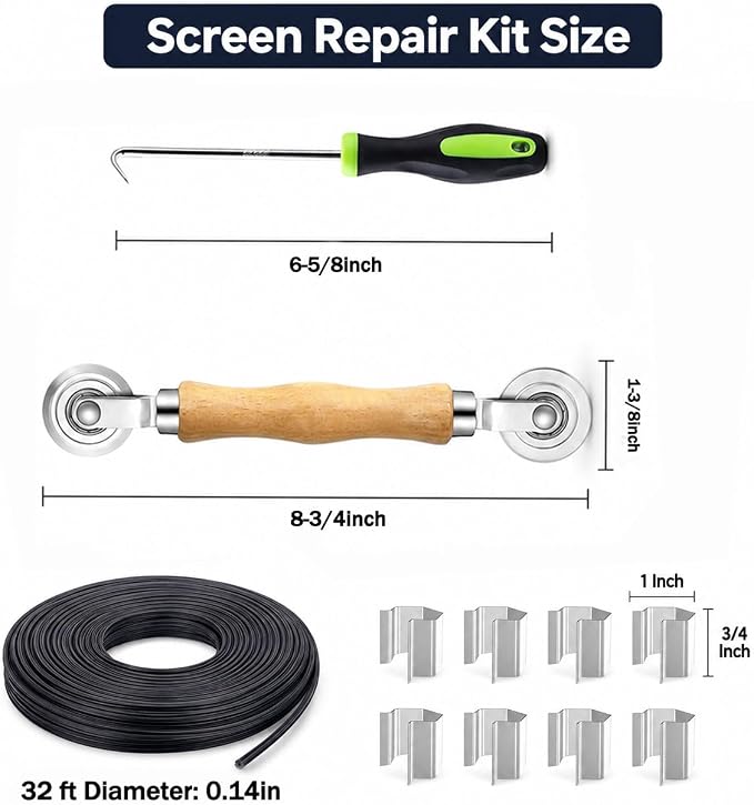 King&Charles Screen Repair Kit, 4-in-1 Screen Tool for Window Mesh Repair | Bearing Steel Roller+0.14inx32ft Spline+8Clips+Remove Hook+for Window Mesh, Patio and RV Mesh Replacement