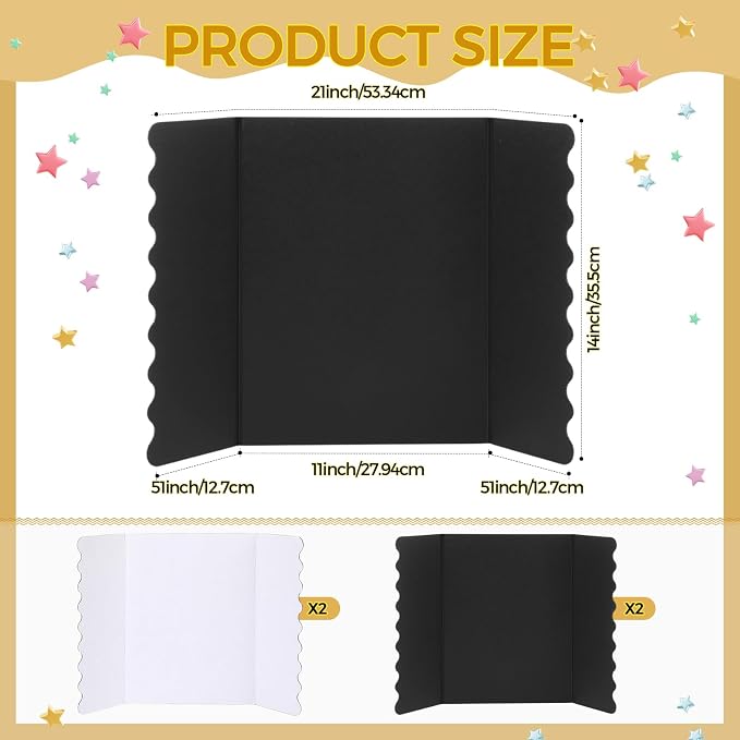 Mooliwe 4 Pack 21" x 14" Black White Trifold Poster Board, Mini Foldable Corrugated Presentation Display Board with Scalloped Border for Science Fair Events, School Projects, Back to School Supplies