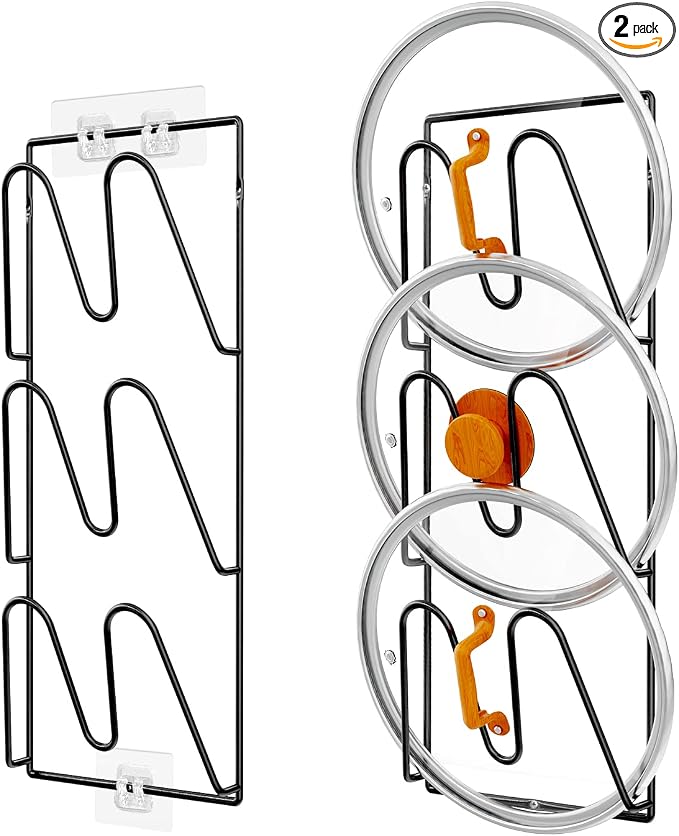 Durmmur 2 Pack Pot Lid Organizer Rack, 6-Tier Pot Lids Holder for Cabinet Door/Wall, No Drilling Adhesive Wall/Door Mounted Rustproof Pot and Pan Cover for Kitchen Storage, Classic Black