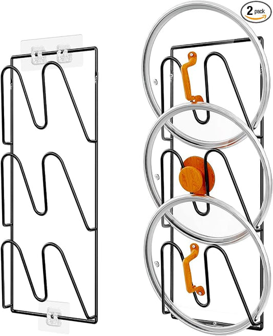 Durmmur 2 Pack Pot Lid Organizer Rack, 6-Tier Pot Lids Holder for Cabinet Door/Wall, No Drilling Adhesive Wall/Door Mounted Rustproof Pot and Pan Cover for Kitchen Storage, Classic Black
