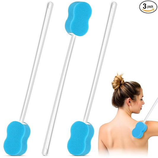 Norme 3 Pcs 22.4 Inch Long Handle Back Bath Sponge Lightweight Sponge on a Stick Body Cleaning Handled Washer Scrubber for Foot Body Limited Range of Motion, Blue