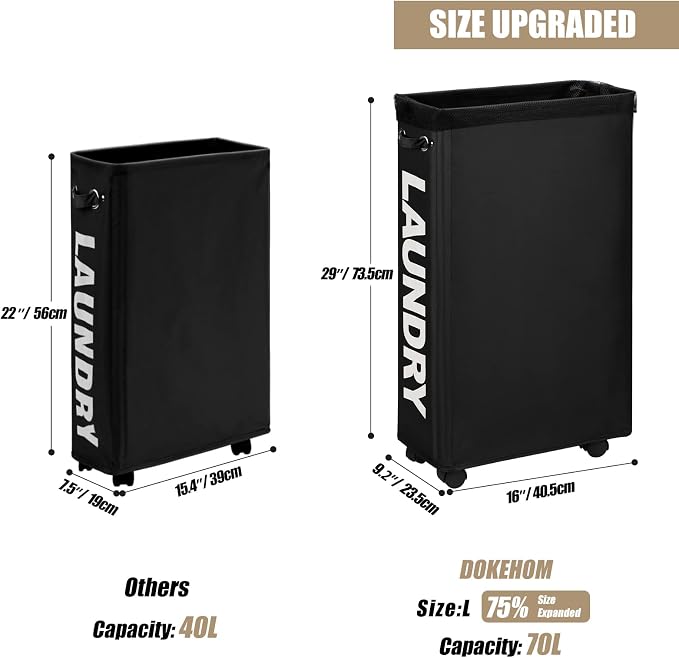 DOKEHOM 29" Enlarged Slim Rolling Laundry Basket Hamper on Wheels, Black | Collapsible tall laundry hamper with removable mesh wash bag. Foldable narrow corner clothes storage bin for small spaces