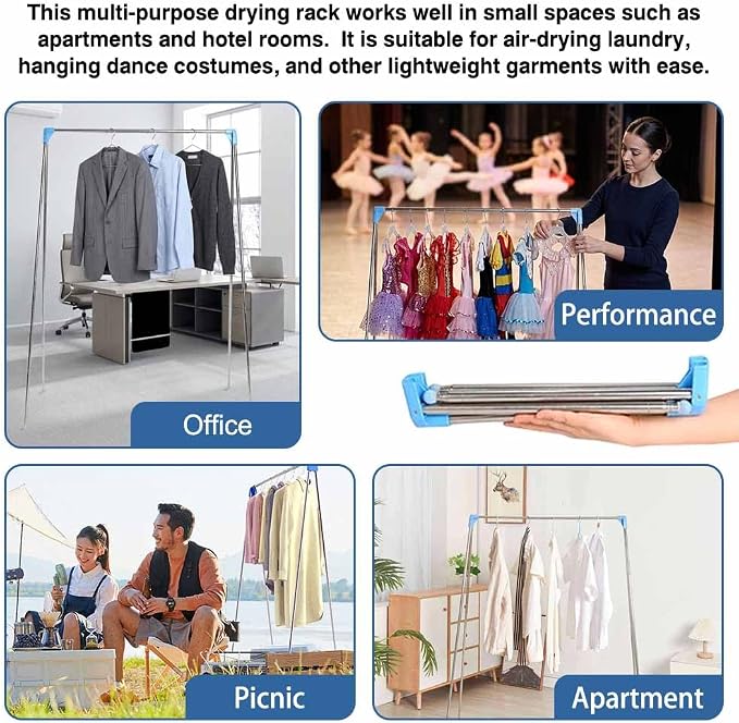 Portable Mini Clothes Compact Rack for Camping, Collapsible and Foldable Clothing Rack for Small Spaces, No-Installation Garment Rack for Indoor Outdoor Laundry Drying (Blue)