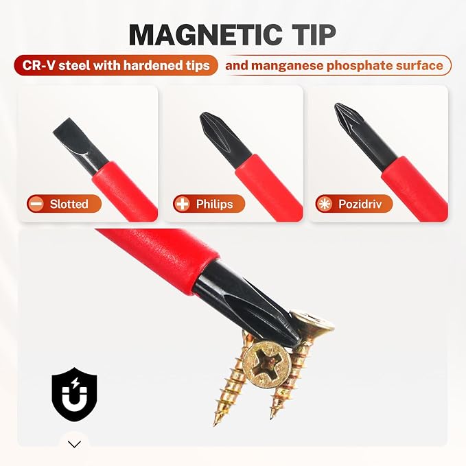 BILITOOLS 9-Piece 1000V Insulated Screwdriver Set with Magnetic Tips | VDE and GS Certified, Magnetic Slotted, Phillips and Pozidriv Tips, Includes Voltage Tester, Iusulated Tools for Electrician