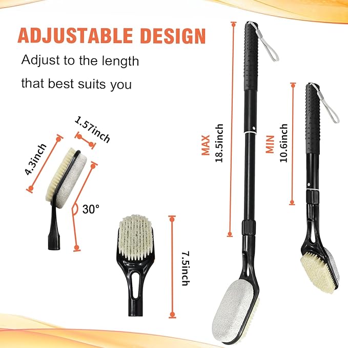 Foot Pumice Stone for Feet, Foot Pumice Stone Scrubber Shower Feet Dead Skin Remover with Long Handle Adjustable 17”-25”, Foot Cleaning Brush for Seniors, Pregnant, Disabled, Men and Women