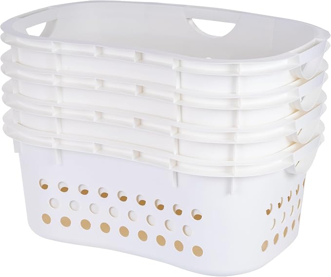 IRIS USA Laundry Basket, 51L Plastic Hip Hold Hamper, 4 Pack, 1.5 Bushel | Comfortable hip-hold handles and ventilated design make transporting clothes, towels, and linens easier.