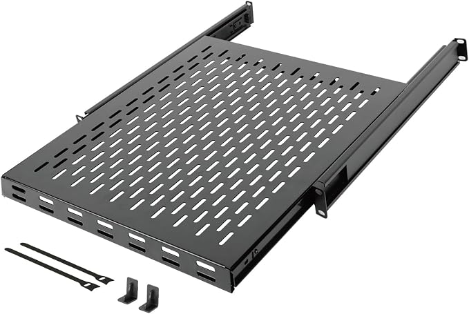 Tecmojo 1U Sliding Rack Shelf,4-Post Vented Rack Mount Shelf,21.7in Deep with Adjustable Mounting Depth 21.7-35.4in,Supports to 110lbs,for 19 Inch AV/Network Equipment Rack,Unassembled,Black