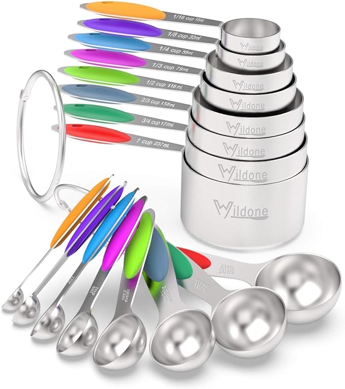 Wildone Stainless Measuring Cups and Spoons Set with Silicone Handle, 16pcs | 8 Measuring Cups and 8 Measuring Spoons, Nesting Design, Heavy Duty for Measuring Dry/Liquid Ingredients, Multicolor