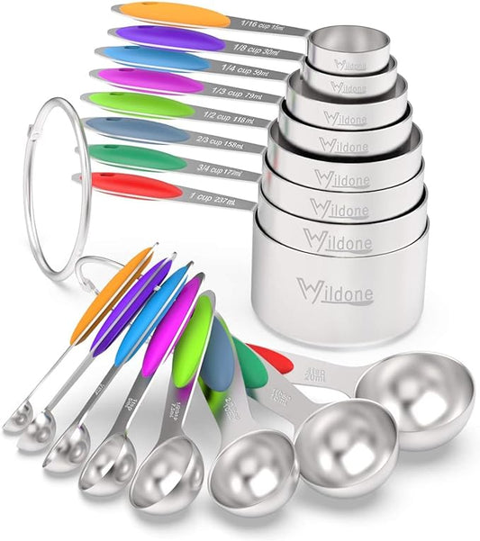 Wildone Stainless Measuring Cups and Spoons Set with Silicone Handle, 16pcs | 8 Measuring Cups and 8 Measuring Spoons, Nesting Design, Heavy Duty for Measuring Dry/Liquid Ingredients, Multicolor