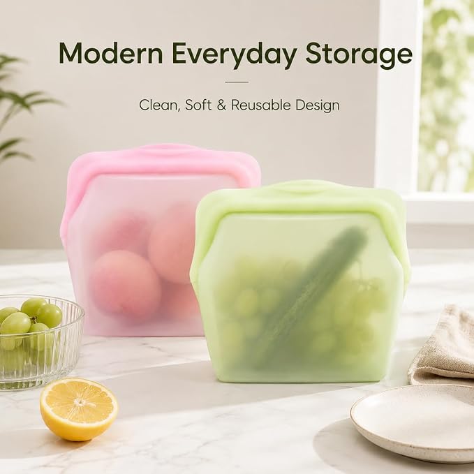 2 Pack Reusable Silicone Food Storage Bags,1000ml Stand-Up Freezer Bags | Leak Proof, Upright Freezer Bags, Odor-Proof, High-Temperature Resistant