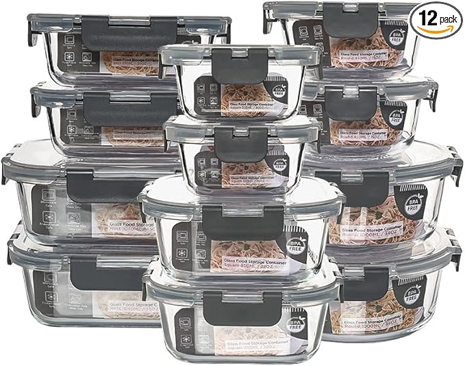 12 Pack Glass Storage Containers Transparent, Stackable Design Meal Prep Containers for Food Storage, Home, Kitchen & Pantry Organization, Microwave/Freezer/Dishwasher Safe