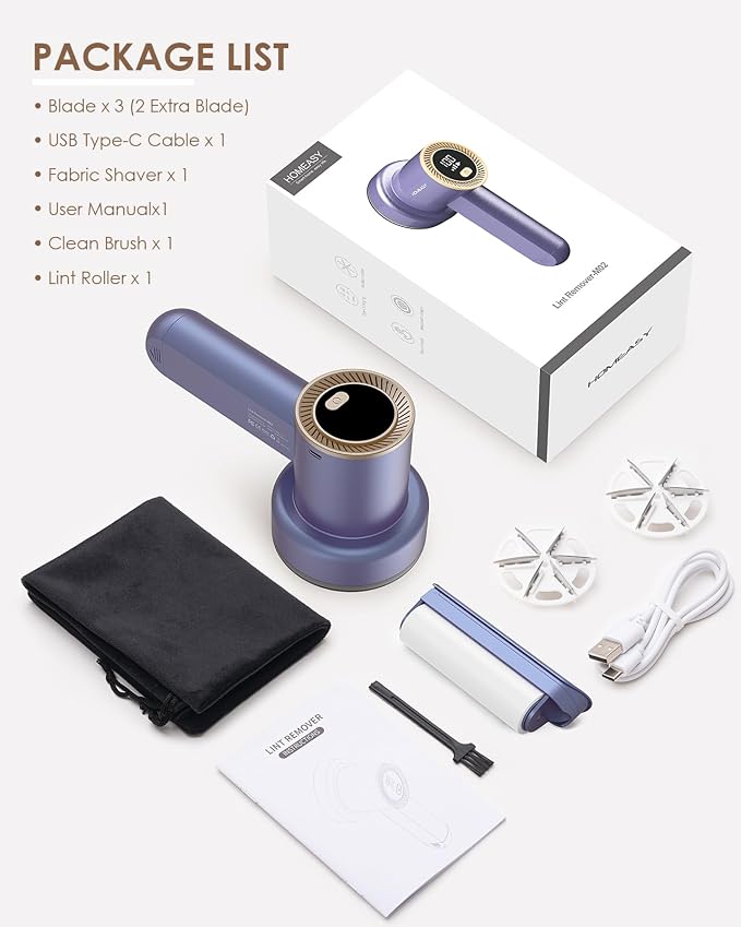 HOMEASY Fabric Shaver, Rechargeable Lint Remover for Clothes Purple | Electric sweater shaver and depiller with 70mm head, 6-leaf blades, LED battery display and Type-C charging for Furniture